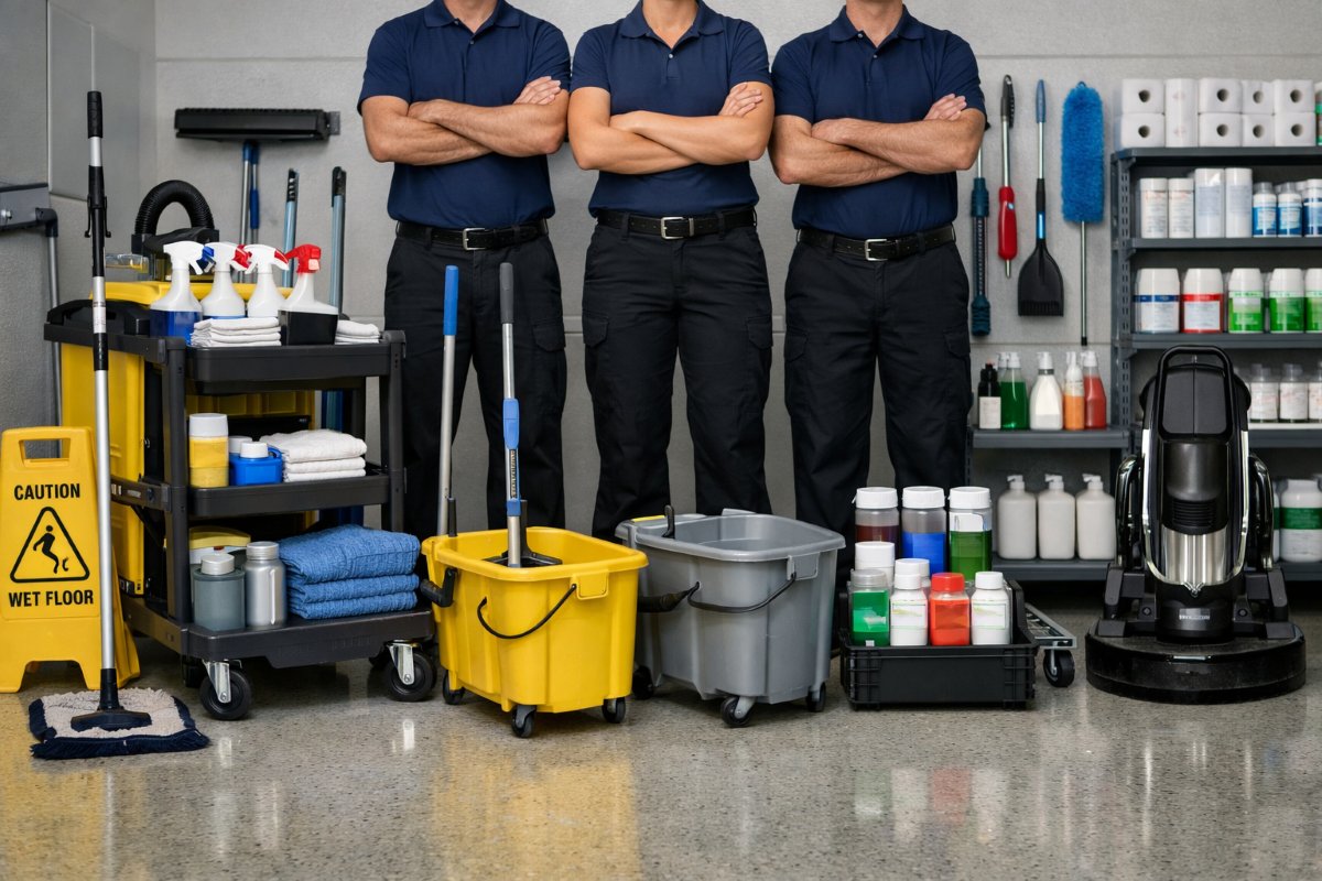 Professional janitorial team with organized equipment — Drewry Floor Care Services
